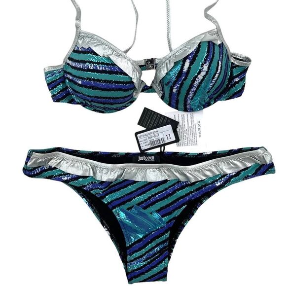 New Just Cavalli Women S US/EU 42 Stretch Bikini Blue Push-Up Two-Piece Swimsuit - Picture 2 of 14